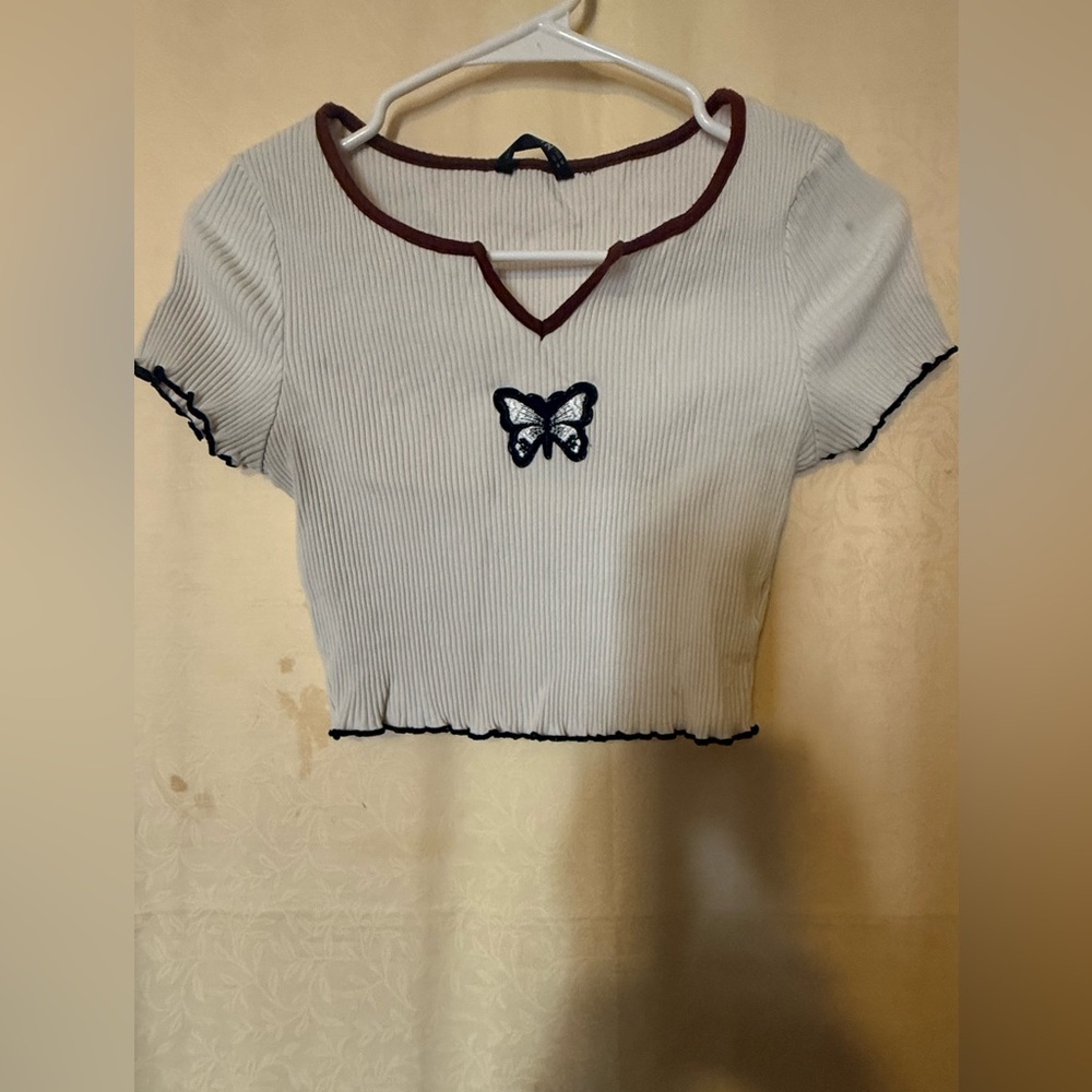 SHEIN Top, Women’s size Medium White and Brown Crop Top with Butterfly Patch